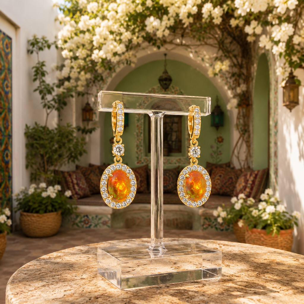Mexican Orange Fire Opal Dangle Earrings 4x6mm 925 Sterling Silver
