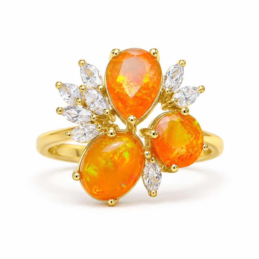 Orange Mexican Fire Opal Cluster Ring, Natural Orange Opal Ring Sterling Silver