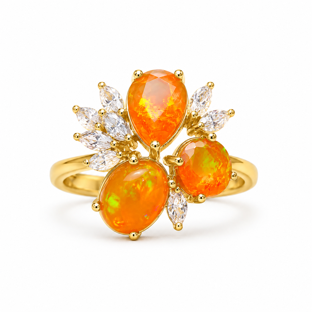 Orange Mexican Fire Opal Cluster Ring, Natural Orange Opal Ring Sterling Silver