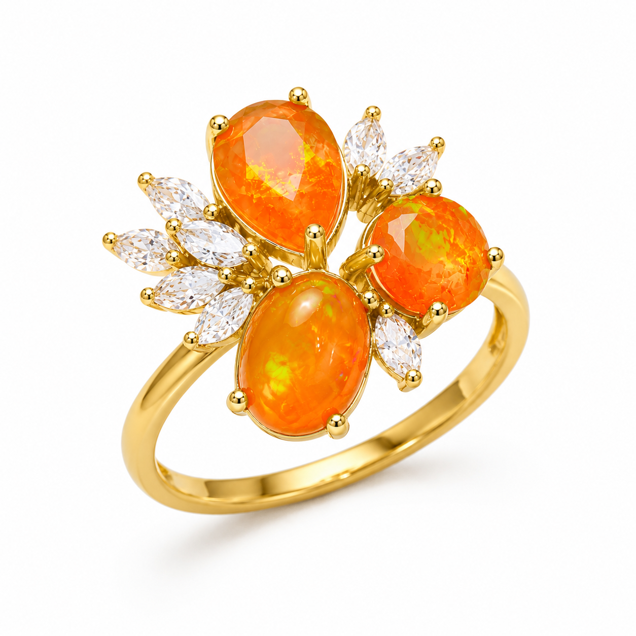 Orange Mexican Fire Opal Cluster Ring, Natural Orange Opal Ring Sterling Silver