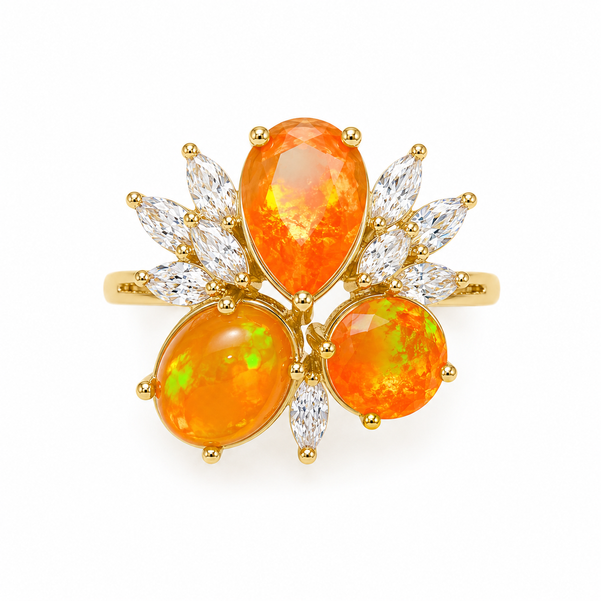 Orange Mexican Fire Opal Cluster Ring, Natural Orange Opal Ring Sterling Silver