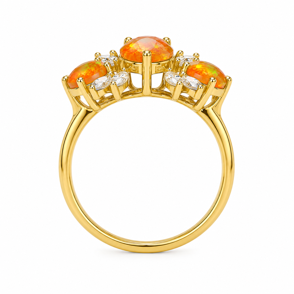 Orange Mexican Fire Opal Cluster Ring, Natural Orange Opal Ring Sterling Silver