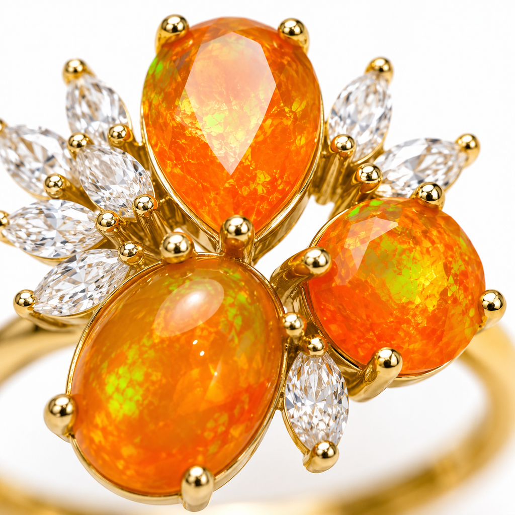 Orange Mexican Fire Opal Cluster Ring, Natural Orange Opal Ring Sterling Silver