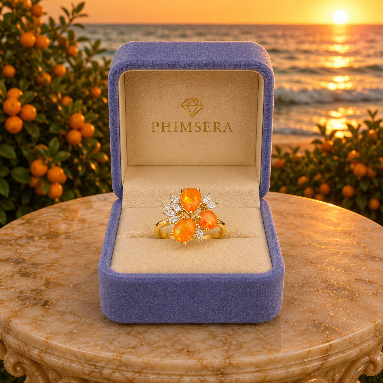 Orange Mexican Fire Opal Cluster Ring, Natural Orange Opal Ring Sterling Silver