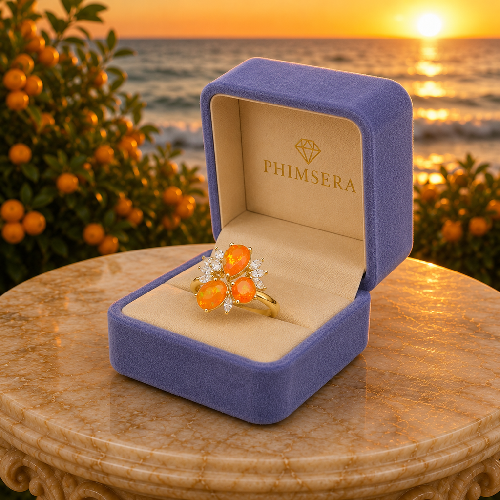 Orange Mexican Fire Opal Cluster Ring, Natural Orange Opal Ring Sterling Silver