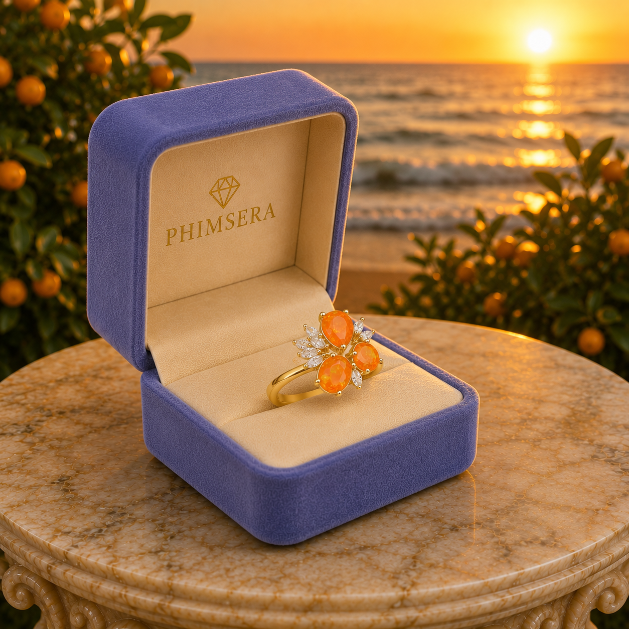 Orange Mexican Fire Opal Cluster Ring, Natural Orange Opal Ring Sterling Silver
