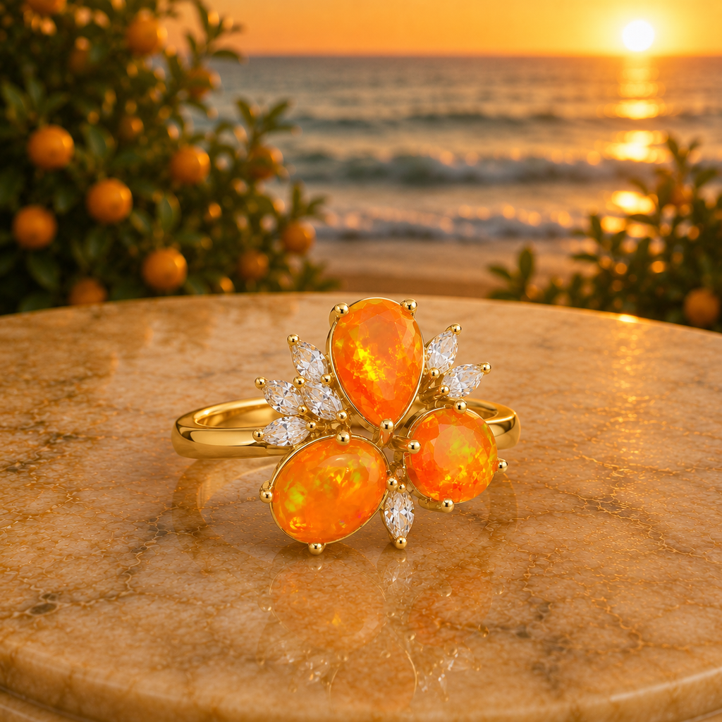 Orange Mexican Fire Opal Cluster Ring, Natural Orange Opal Ring Sterling Silver