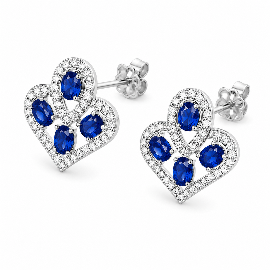Natural Blue Sri Lanka Sapphire Earrings in 925 Sterling Silver with 3x4 mm oval natural sapphires and cubic zirconia accents