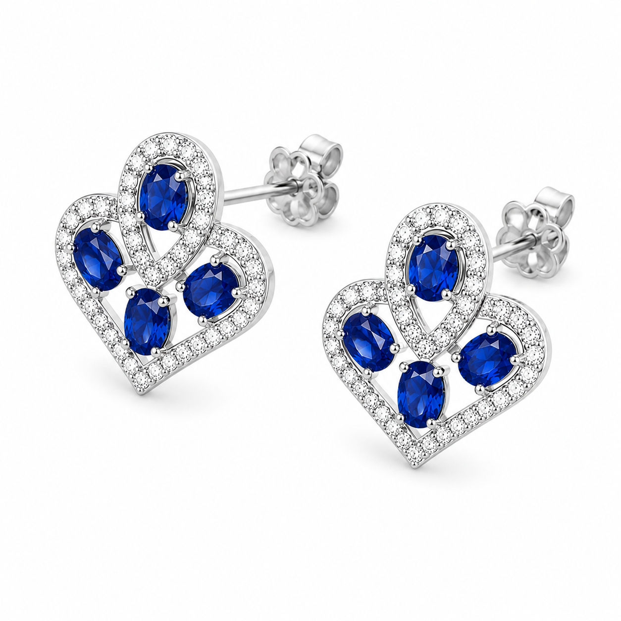 Natural Blue Sri Lanka Sapphire Earrings in 925 Sterling Silver with 3x4 mm oval natural sapphires and cubic zirconia accents