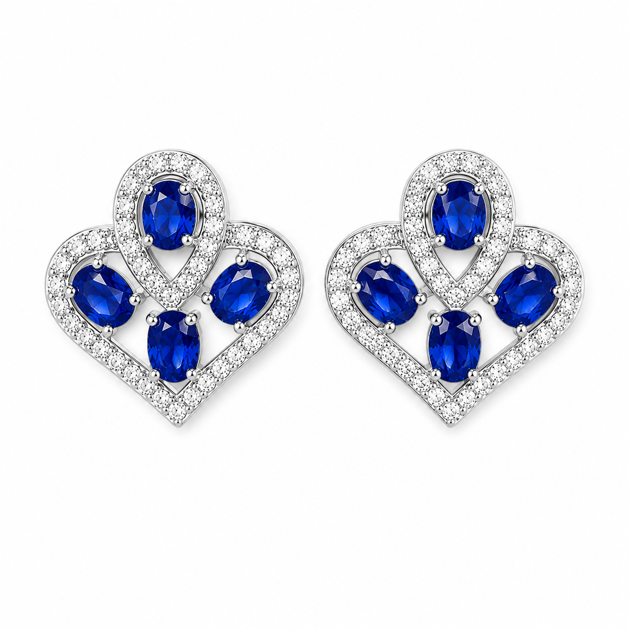 Natural Blue Sri Lanka Sapphire Earrings in 925 Sterling Silver with 3x4 mm oval natural sapphires and cubic zirconia accents