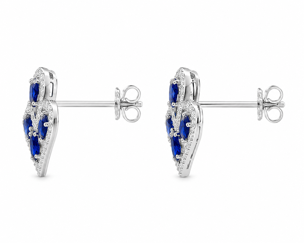 Natural Blue Sri Lanka Sapphire Earrings in 925 Sterling Silver with 3x4 mm oval natural sapphires and cubic zirconia accents