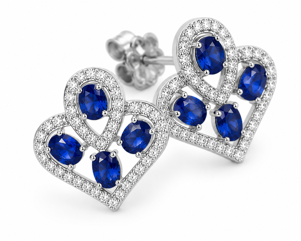 Natural Blue Sri Lanka Sapphire Earrings in 925 Sterling Silver with 3x4 mm oval natural sapphires and cubic zirconia accents
