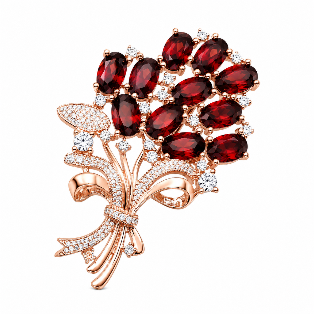 Natural garnet floral bouquet brooch in rose gold featuring approximately thirteen marquise-cut garnets with sparkling white accent stones on a white background.