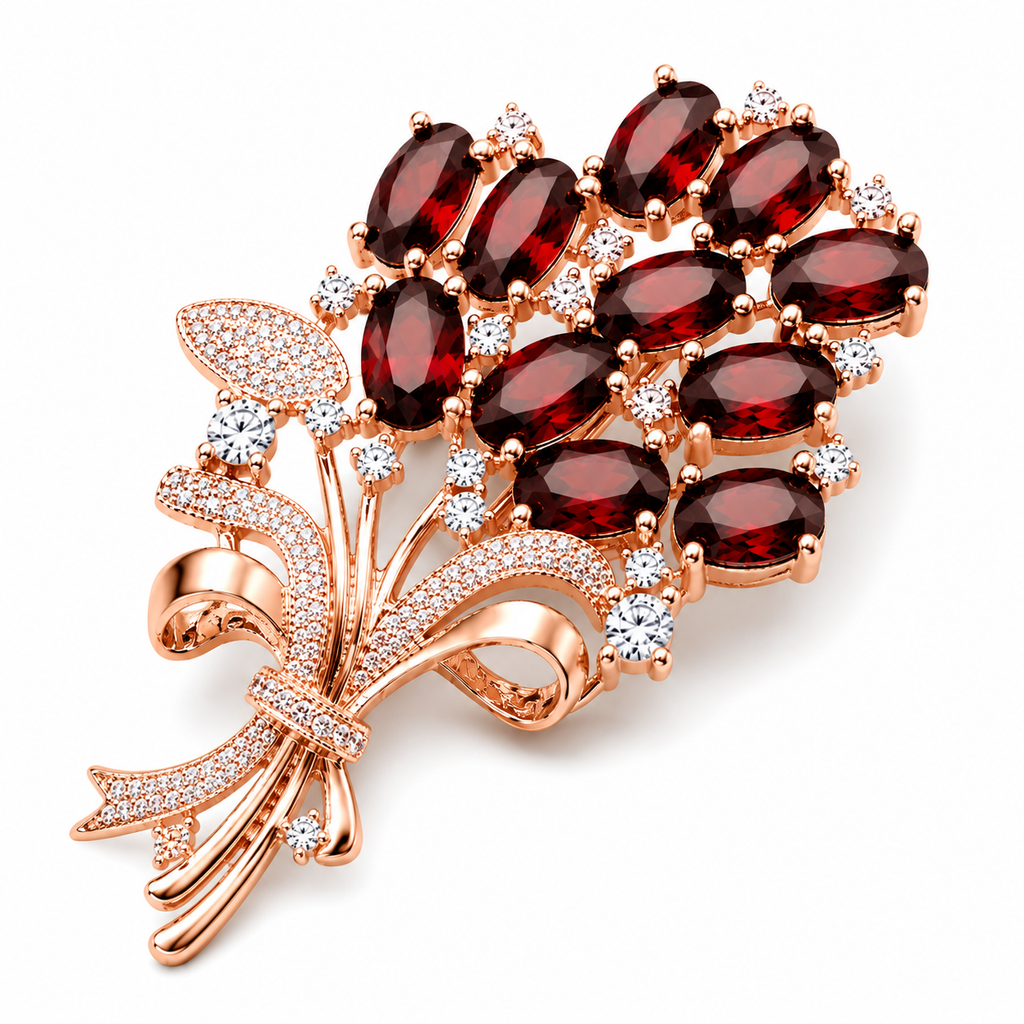 Natural garnet floral bouquet brooch in rose gold featuring approximately thirteen marquise-cut garnets with sparkling white accent stones on a white background.