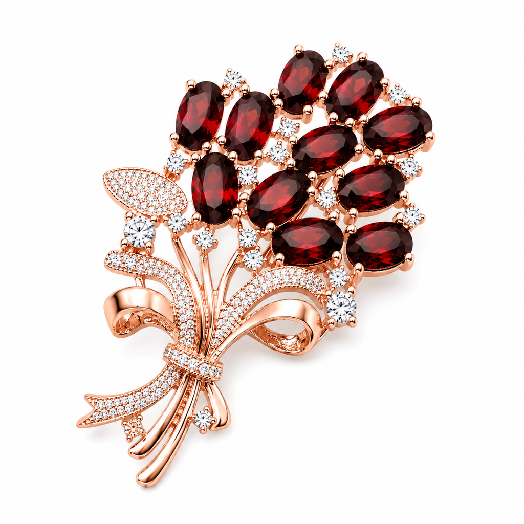 Natural garnet floral bouquet brooch in rose gold featuring approximately thirteen marquise-cut garnets with sparkling white accent stones on a white background.