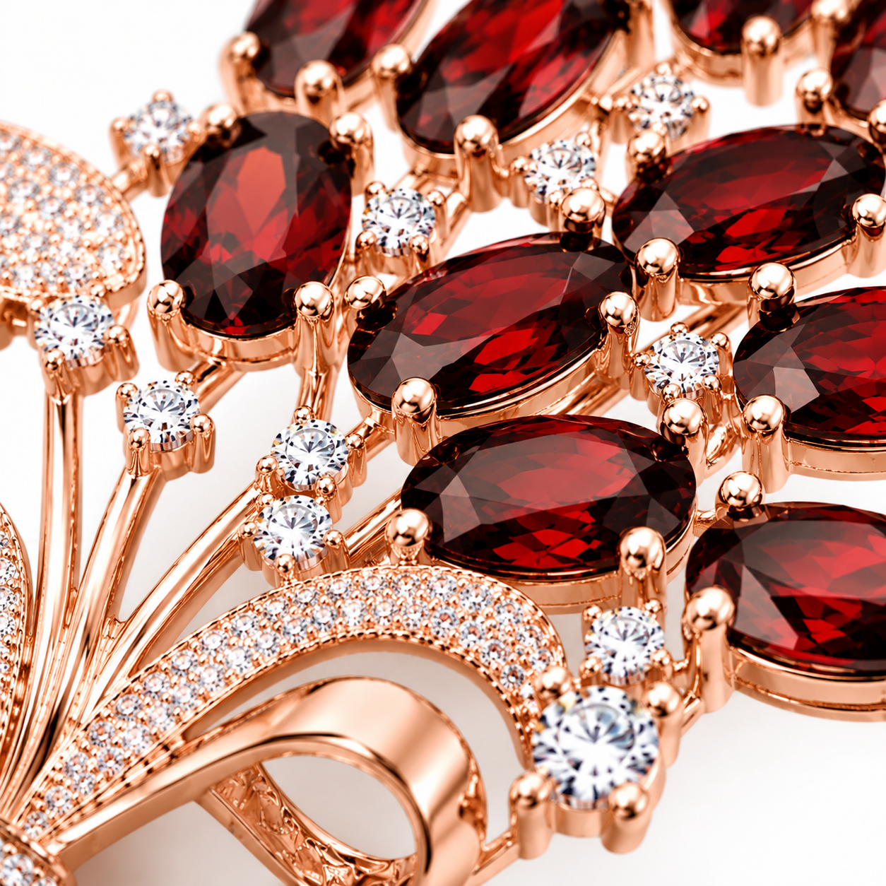 Natural garnet floral bouquet brooch in rose gold featuring approximately thirteen marquise-cut garnets with sparkling white accent stones on a white background.