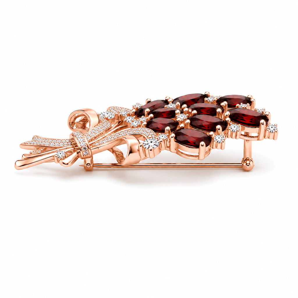 Natural garnet floral bouquet brooch in rose gold featuring approximately thirteen marquise-cut garnets with sparkling white accent stones on a white background.