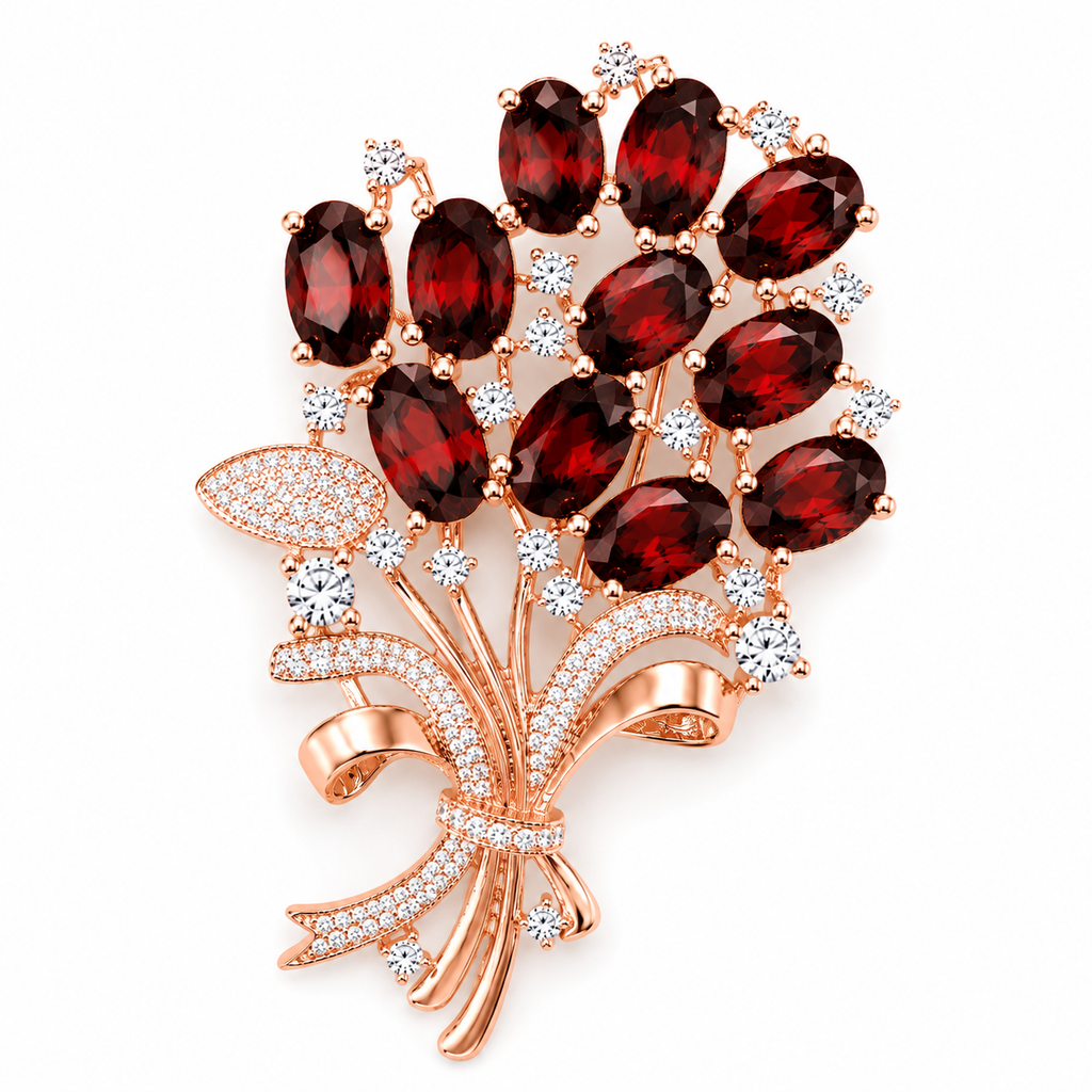 Natural garnet floral bouquet brooch in rose gold featuring approximately thirteen marquise-cut garnets with sparkling white accent stones on a white background.