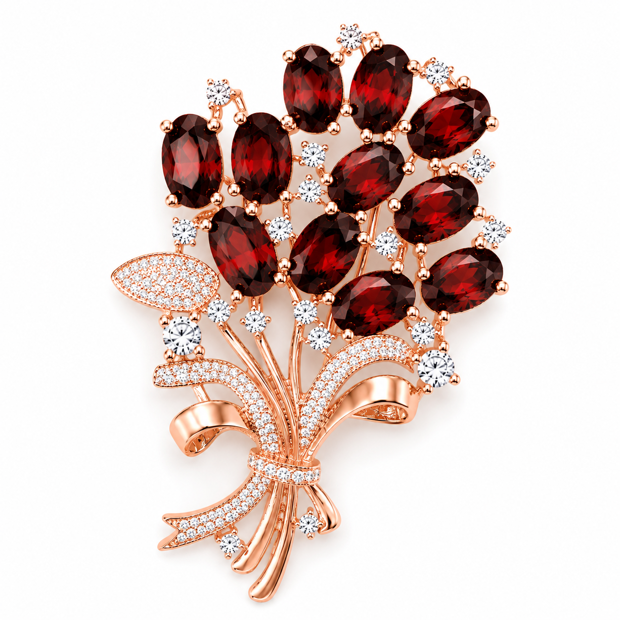 Natural garnet floral bouquet brooch in rose gold featuring approximately thirteen marquise-cut garnets with sparkling white accent stones on a white background.