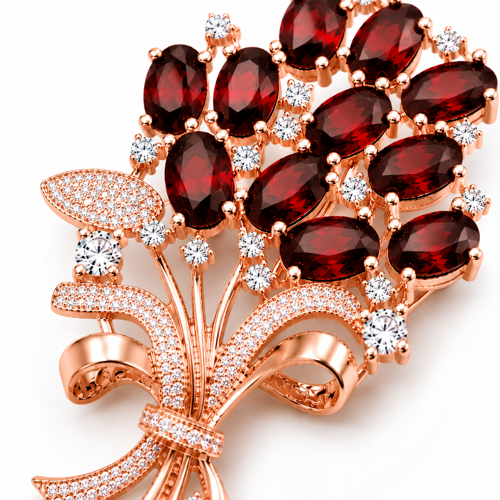 Natural garnet floral bouquet brooch in rose gold featuring approximately thirteen marquise-cut garnets with sparkling white accent stones on a white background.
