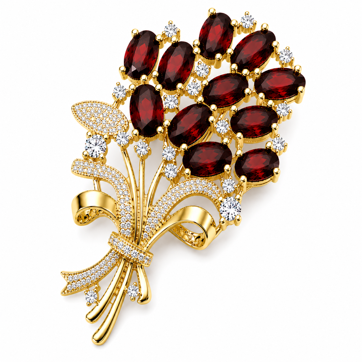 Natural garnet floral bouquet brooch in rose gold featuring approximately thirteen marquise-cut garnets with sparkling white accent stones on a white background.
