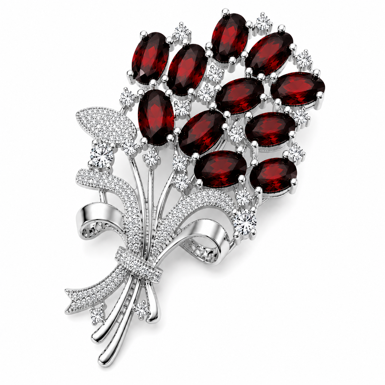 Natural garnet floral bouquet brooch in rose gold featuring approximately thirteen marquise-cut garnets with sparkling white accent stones on a white background.