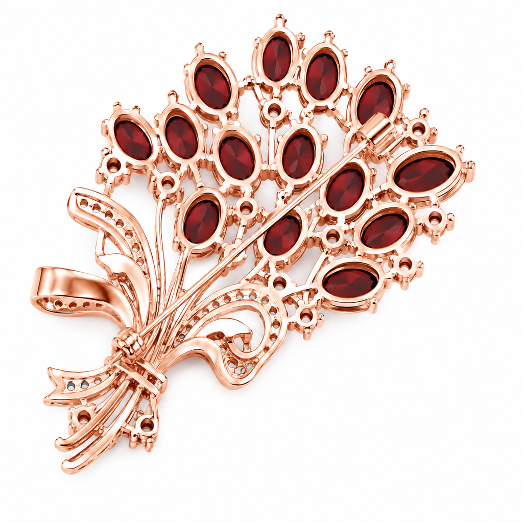 Natural garnet floral bouquet brooch in rose gold featuring approximately thirteen marquise-cut garnets with sparkling white accent stones on a white background.