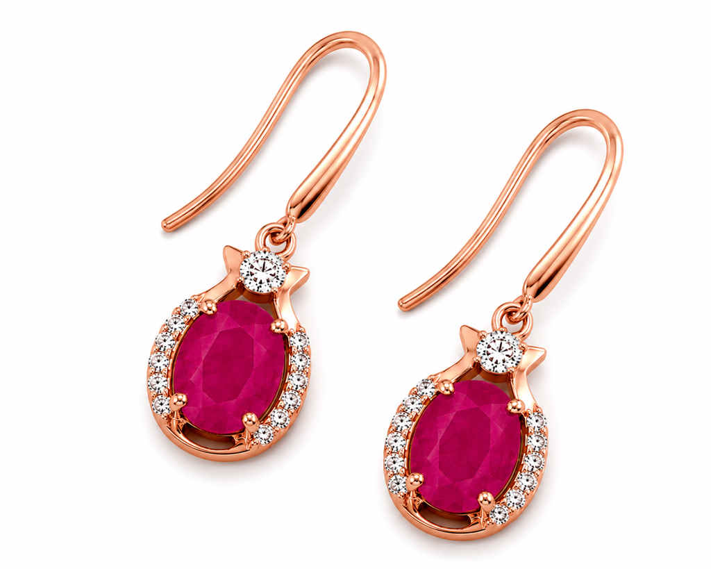 Natural bright pink opaque ruby drop earrings with 6x8mm oval gemstones, cubic zirconia halo, platinum plated 925 sterling silver on a white background.