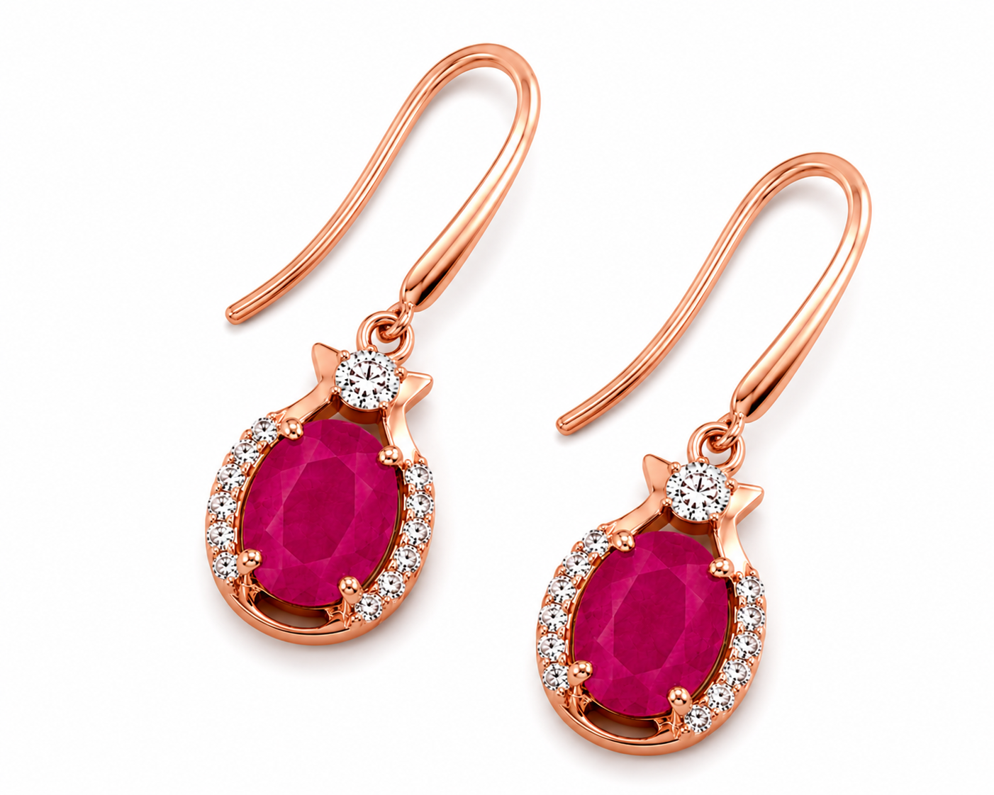 Natural bright pink opaque ruby drop earrings with 6x8mm oval gemstones, cubic zirconia halo, platinum plated 925 sterling silver on a white background.
