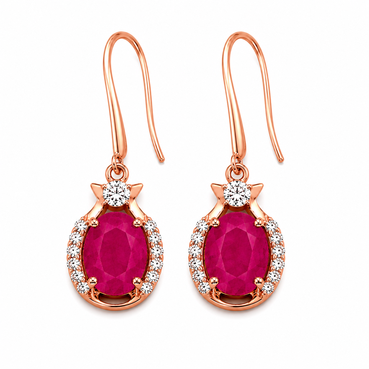 Natural bright pink opaque ruby drop earrings with 6x8mm oval gemstones, cubic zirconia halo, platinum plated 925 sterling silver on a white background.