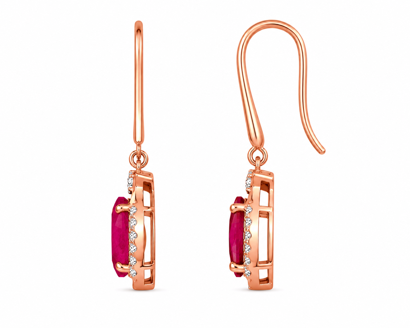 Natural bright pink opaque ruby drop earrings with 6x8mm oval gemstones, cubic zirconia halo, platinum plated 925 sterling silver on a white background.