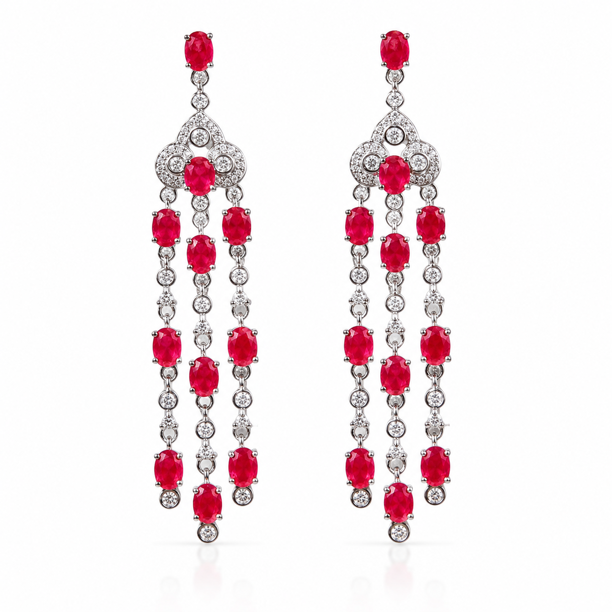 Natural ruby chandelier drop earrings featuring genuine 3x4mm oval rubies, cubic zirconia accents, and platinum plated 925 sterling silver on a white background.