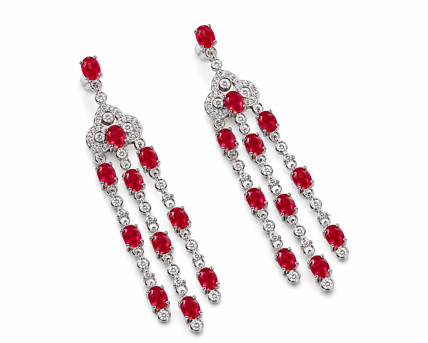 Natural ruby chandelier drop earrings featuring genuine 3x4mm oval rubies, cubic zirconia accents, and platinum plated 925 sterling silver on a white background.
