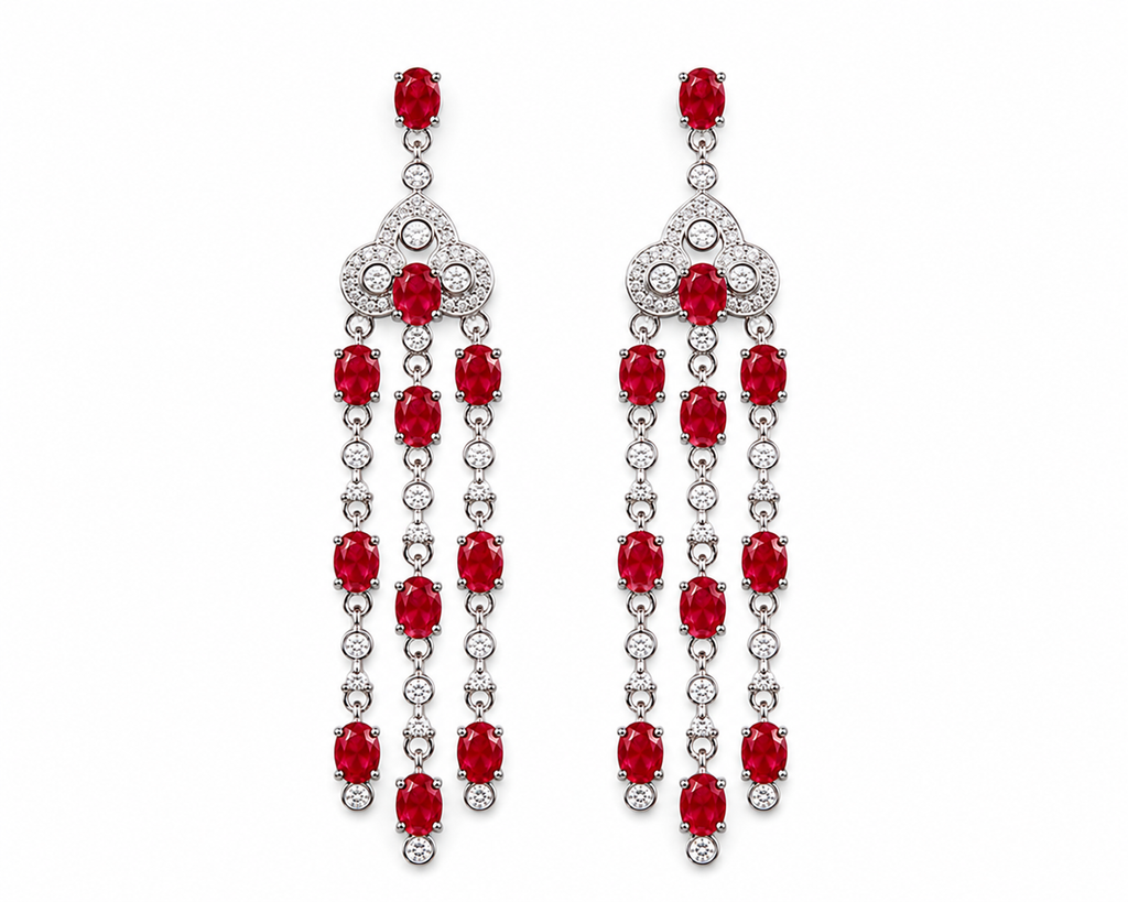 Natural ruby chandelier drop earrings featuring genuine 3x4mm oval rubies, cubic zirconia accents, and platinum plated 925 sterling silver on a white background.