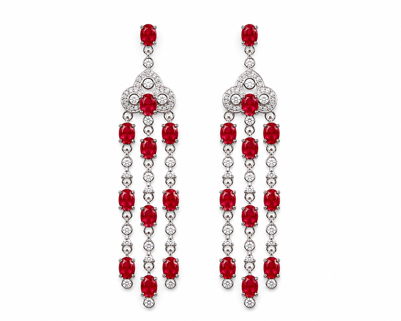 Natural ruby chandelier drop earrings featuring genuine 3x4mm oval rubies, cubic zirconia accents, and platinum plated 925 sterling silver on a white background.