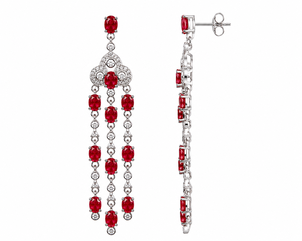 Natural ruby chandelier drop earrings featuring genuine 3x4mm oval rubies, cubic zirconia accents, and platinum plated 925 sterling silver on a white background.