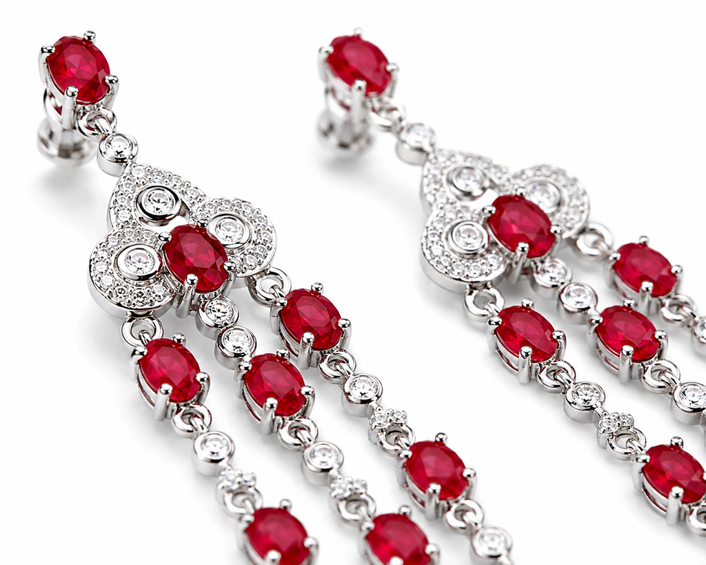 Natural ruby chandelier drop earrings featuring genuine 3x4mm oval rubies, cubic zirconia accents, and platinum plated 925 sterling silver on a white background.