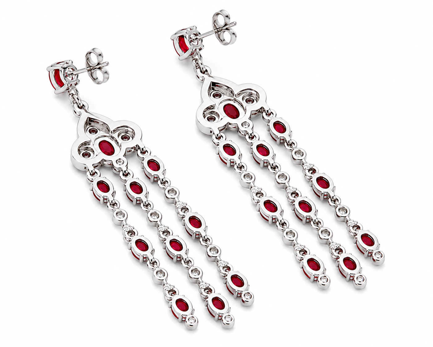 Natural ruby chandelier drop earrings featuring genuine 3x4mm oval rubies, cubic zirconia accents, and platinum plated 925 sterling silver on a white background.