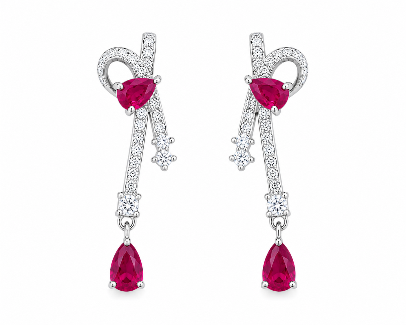 Natural ruby pear drop earrings with cubic zirconia accents in platinum plated 925 sterling silver on a white background.
