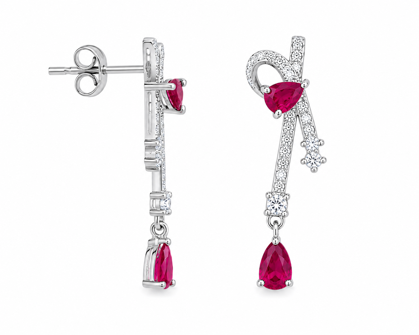 Natural ruby pear drop earrings with cubic zirconia accents in platinum plated 925 sterling silver on a white background.