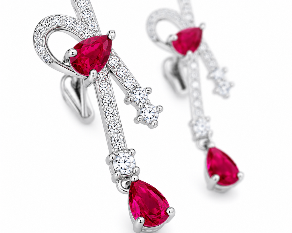 Natural ruby pear drop earrings with cubic zirconia accents in platinum plated 925 sterling silver on a white background.