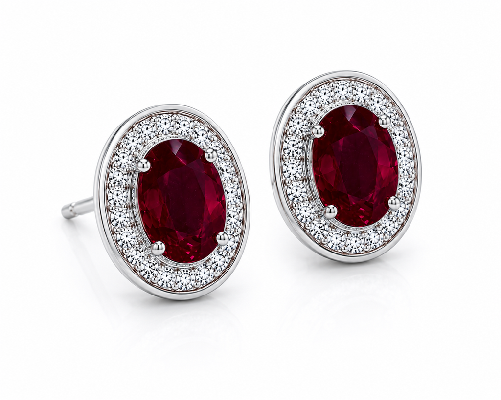 Natural 4x6mm oval ruby halo stud earrings in platinum plated 925 sterling silver with sparkling cubic zirconia on a white background.