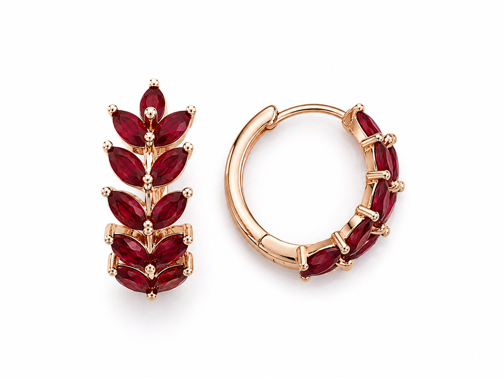 Natural Ruby Marquise Hoop Earrings in 925 Sterling Silver with Platinum Plating by Phimsera