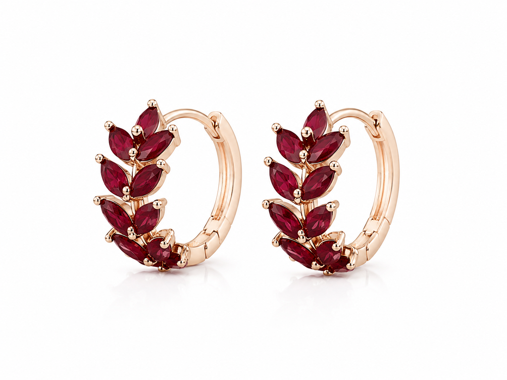 Natural Ruby Marquise Hoop Earrings in 925 Sterling Silver with Platinum Plating by Phimsera