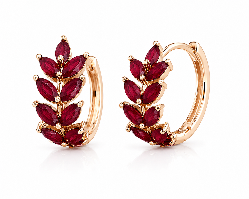 Natural Ruby Marquise Hoop Earrings in 925 Sterling Silver with Platinum Plating by Phimsera