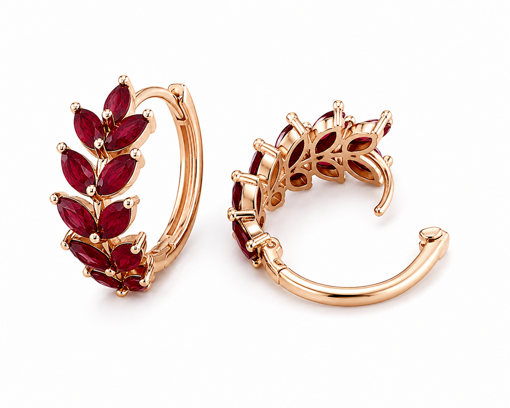 Natural Ruby Marquise Hoop Earrings in 925 Sterling Silver with Platinum Plating by Phimsera