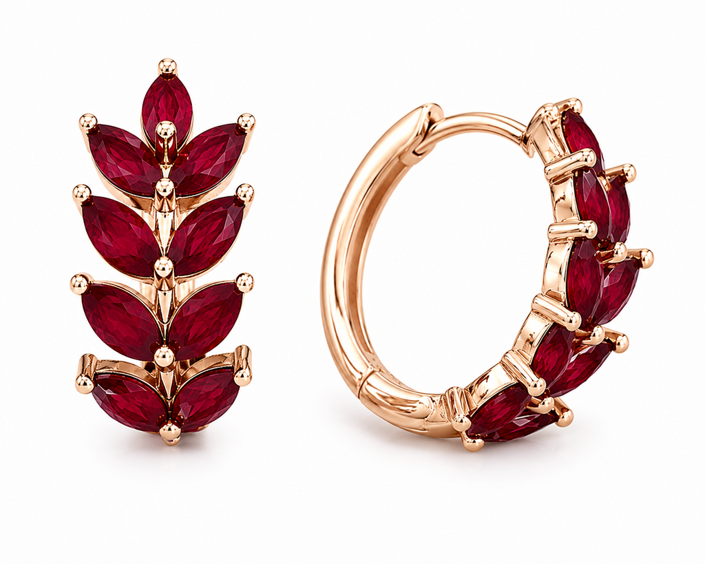 Natural Ruby Marquise Hoop Earrings in 925 Sterling Silver with Platinum Plating by Phimsera