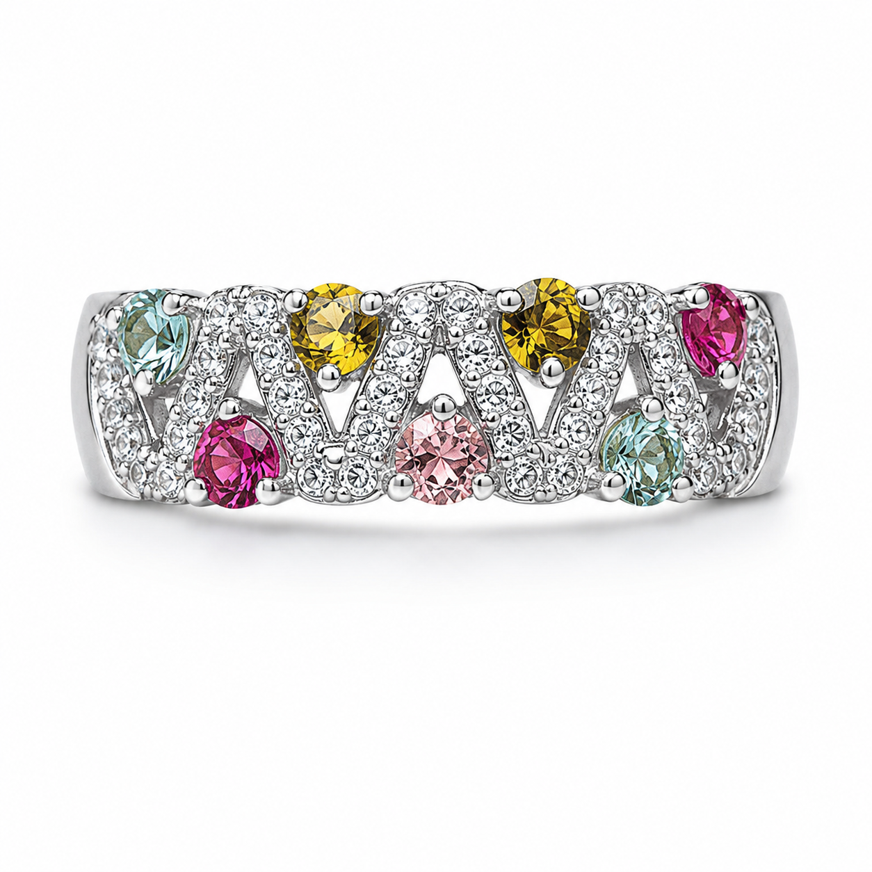 Natural Brazilian Multi Tourmaline Ring with 2.5mm colorful gemstones in 925 sterling silver with platinum plated finish by PHIMSERA