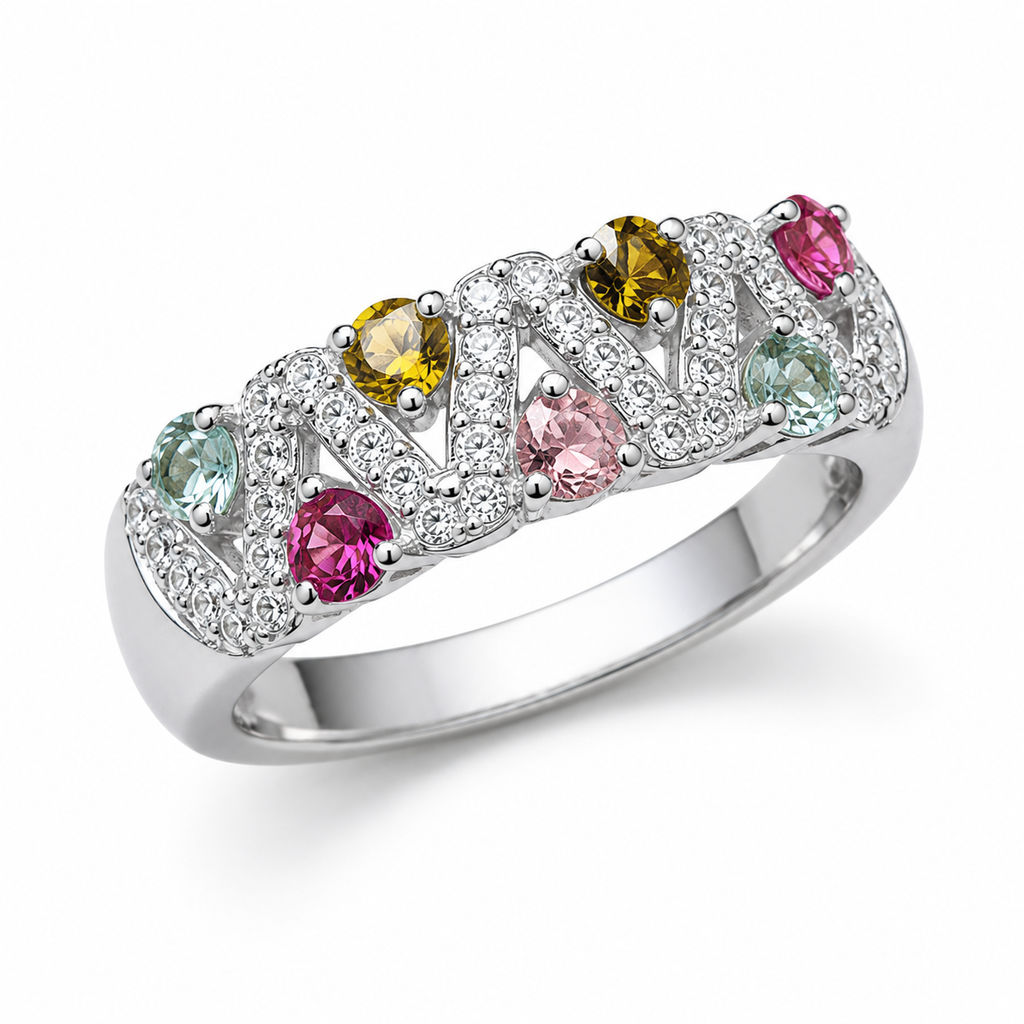 Natural Brazilian Multi Tourmaline Ring with 2.5mm colorful gemstones in 925 sterling silver with platinum plated finish by PHIMSERA