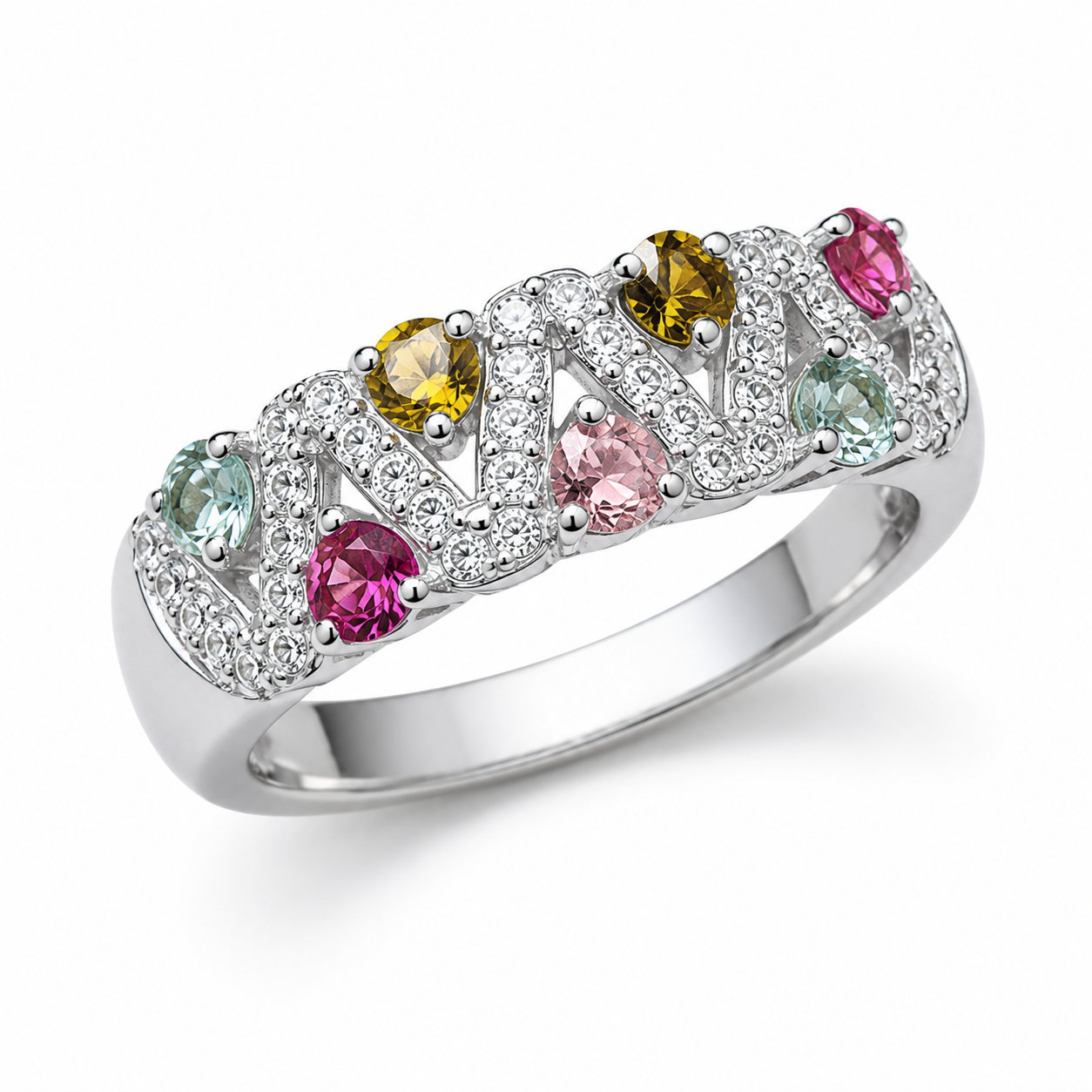 Natural Brazilian Multi Tourmaline Ring with 2.5mm colorful gemstones in 925 sterling silver with platinum plated finish by PHIMSERA